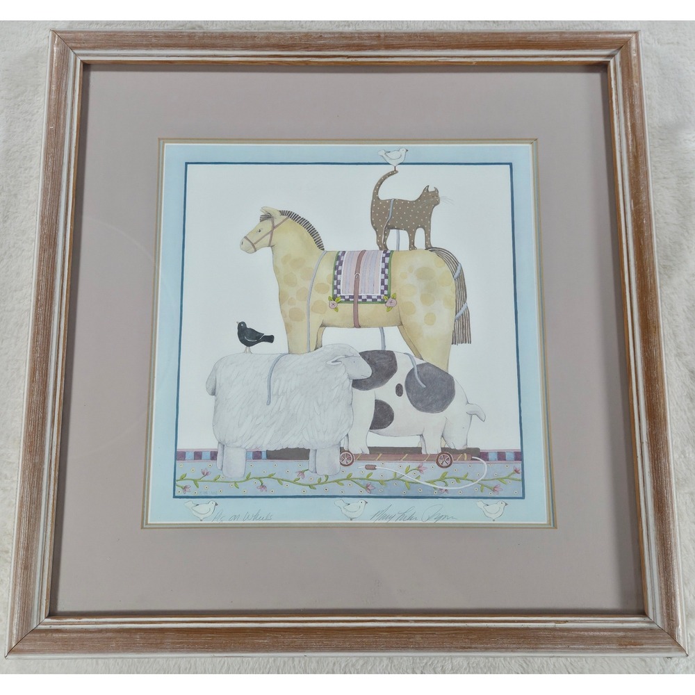 Mary Tucker Pignon "Pig on Wheels"  Framed Print Folk Art Farmhouse Decor Large